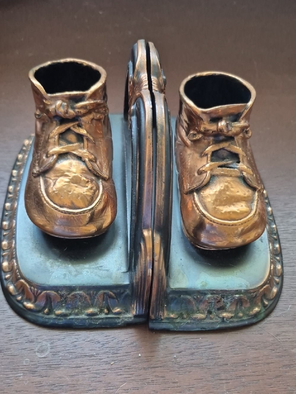 Antique-Style Bronze Baby Shoes Bookends - Brass Finish